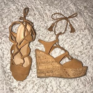 Open toe tan lace up wedges